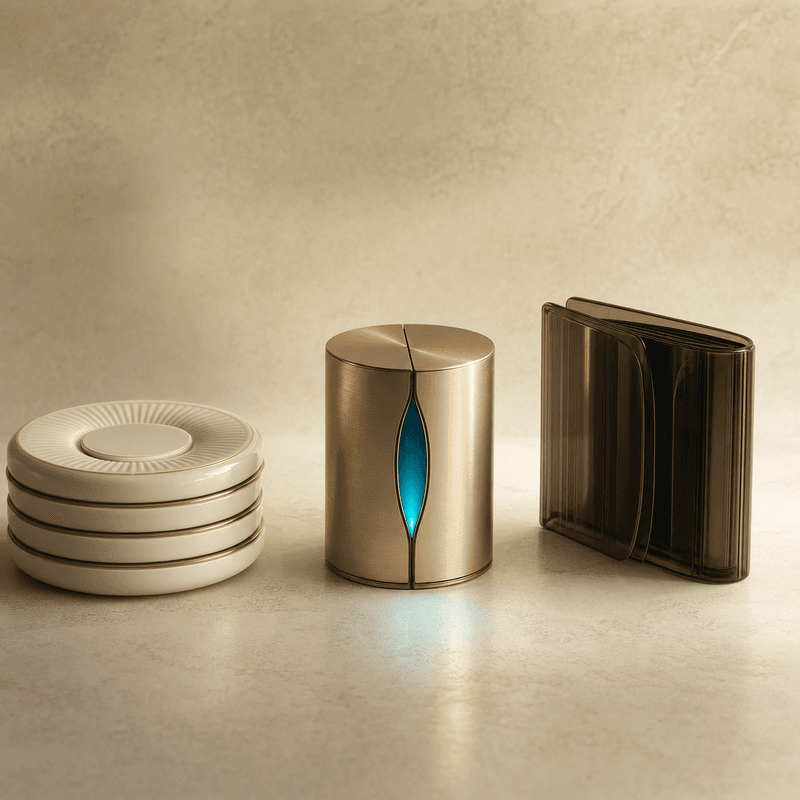 Three warm-ivory vault forms representing private financial record tiers