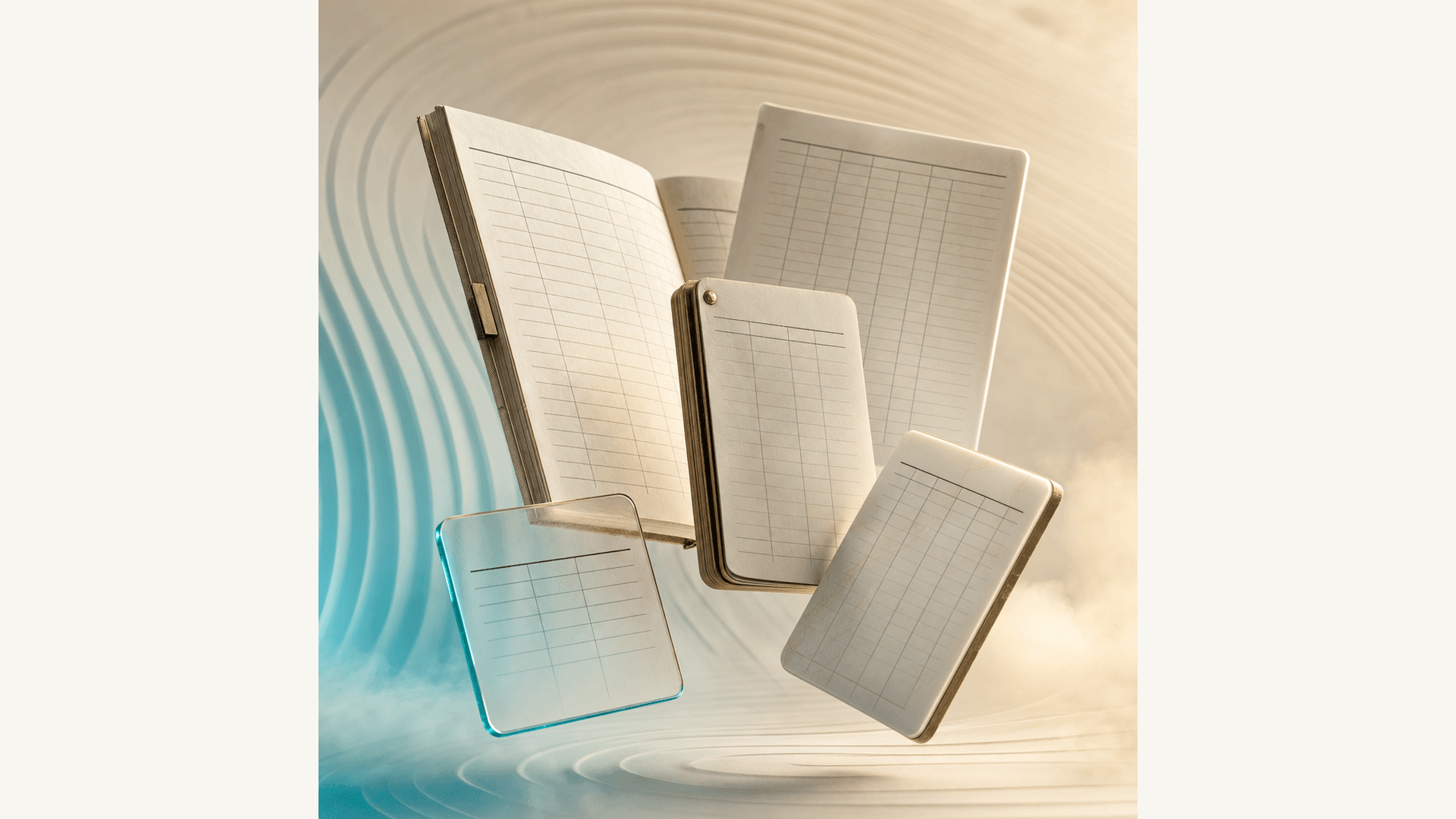 LedgerLens — ledger books and a glass lens card floating in warm light, representing the statement review experience